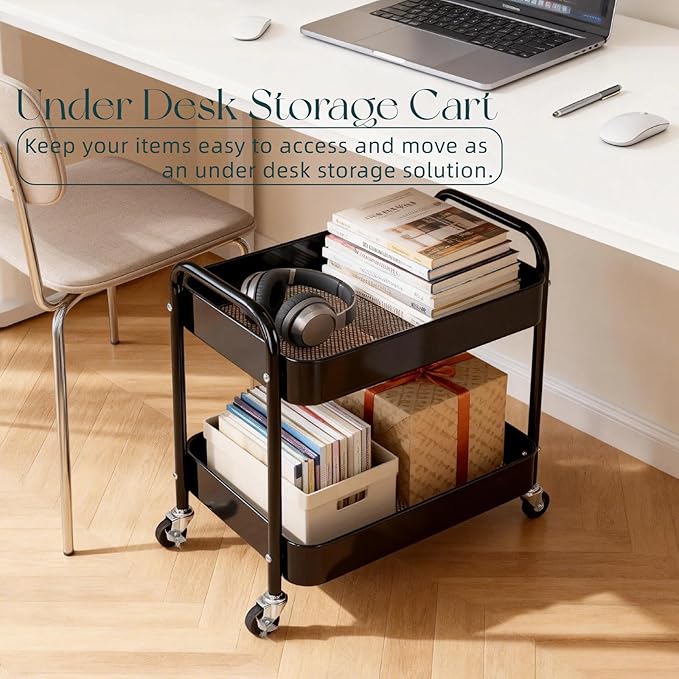 2 Tier Rolling Cart with Wheels for Under Desk Storage &amp Pantry Room Large Capacity Laundry Room &amp Makeup Organizer Sturdy Kitchen Utility Cart for Small Space with 4 Hooks Black