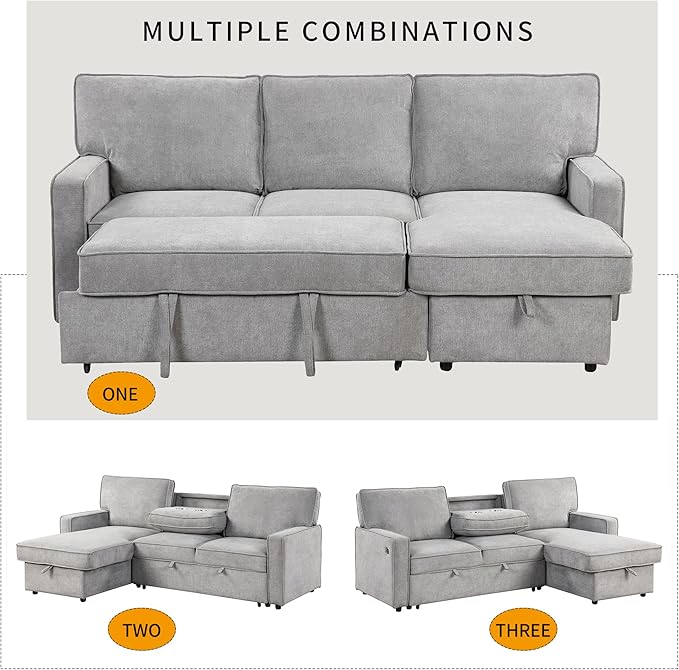 L-Shaped Convertible Sectional Sofa with Storage Space Upholstery Sleeper Sectional Sofa with USB Port and 2 Cup Holders on Back Cushions 3-Seat Sofa Furniture for Living Room Office (Grey-89'W)
