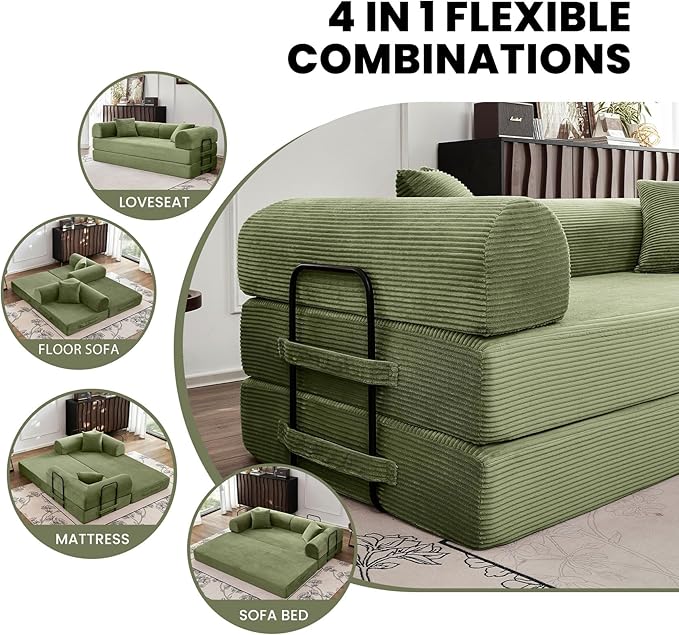 79 5-in-1 Convertible Sofa Bed Luxe Comfort Sleeper with Sturdy Frame No Assembly Corduroy Couch for Living Room Apartment &amp Relaxation Light Green