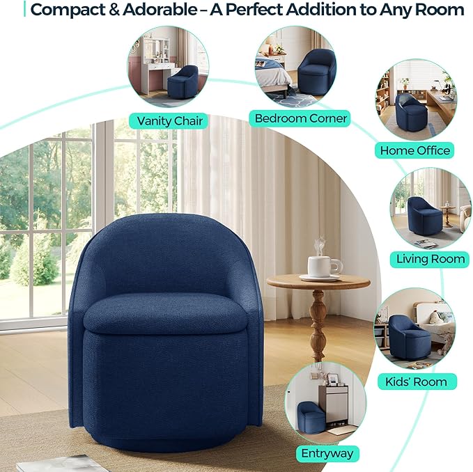 LINSY Swivel Accent Chair with Storage Comfy Chenille Barrel Chairs Small 360 Swivel Modern Armchair for Living Room Bedroom Boucle Reading Chair for Study Room (Blue)