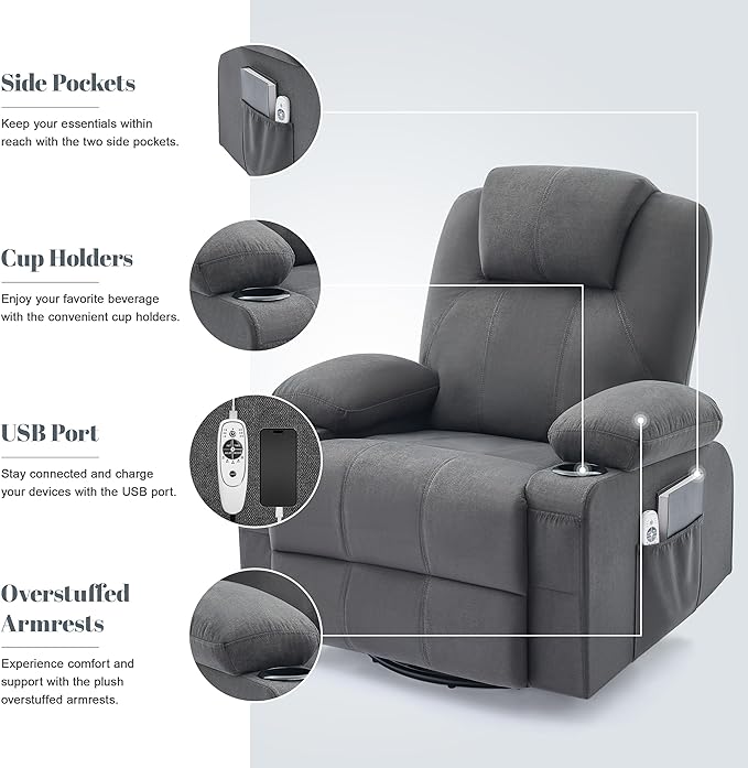 Oversized Swivel Rocker Recliner Chair with Heat and Massage Big Large Recliner Chair for Living Room 360 Degree Swivel Rocking Single Sofa with Cup Holders and USB Port (Fabric Darkgrey)