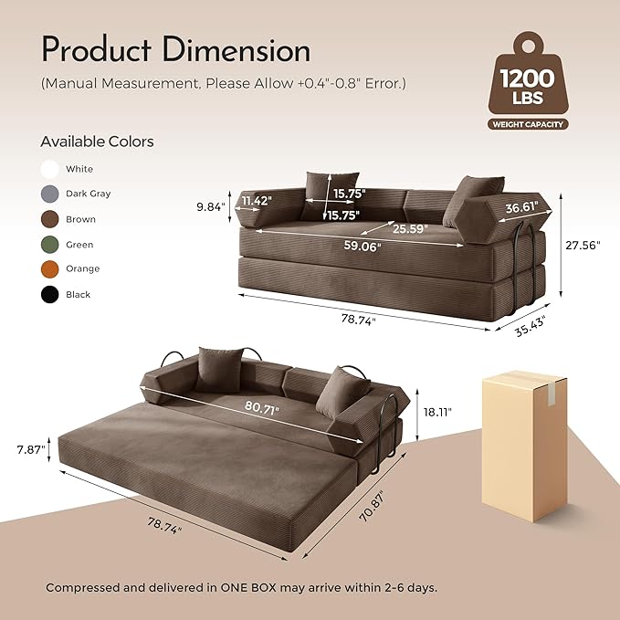 79'' Convertible Sofa Bed 5-in-1 Folding Sleeper Couch with Pull Out Bed Corduroy Modular Floor Sofa No Assembly Space Saving Guest Bed for Living Room Apartment Bedroom (Brown1) | Convertible Sofa