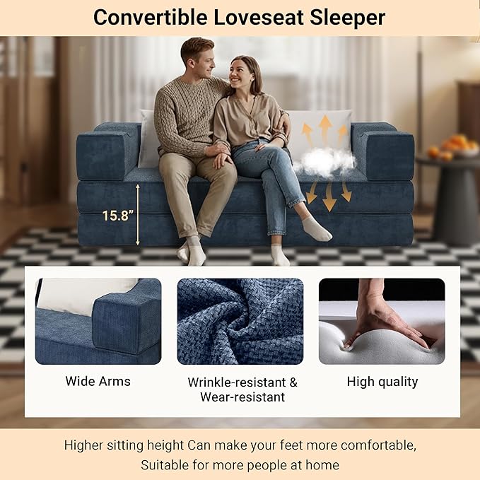 80 Foldable Chenille Futon Sofa Bed 4-in-1 Convertible Couch with 2 Pillows King-Size Floor Lounger for Living Room Guest Room Dorm - No Assembly (Blue 80in)