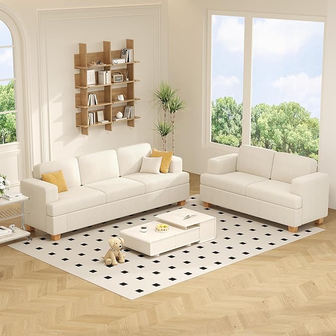 Apicizon 89'' 3-Seat Sofa Couch with Loveseat 2 Piece Comfy Sofa Sets for Living Room Modern Lounge Sofa Sleeper Couch for Apartment with Deep Seat Living Room Set White Corduroy