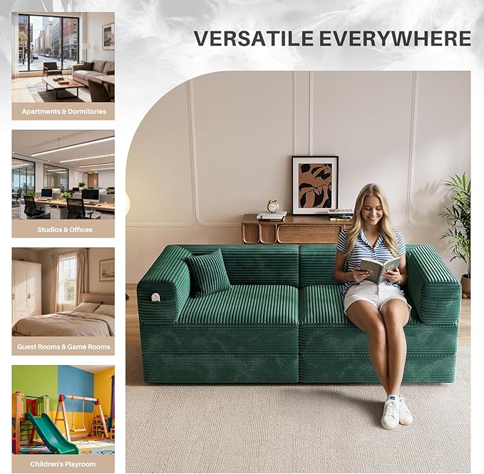 78 Compressed Convertible Sofa Bed Modular Corduroy Loveseat Sleeper with Fixed-Shape Frame Folding Mattress Couch with 2 Pillows for Living Room Bedroom Small Spaces No Assembly Needed Green