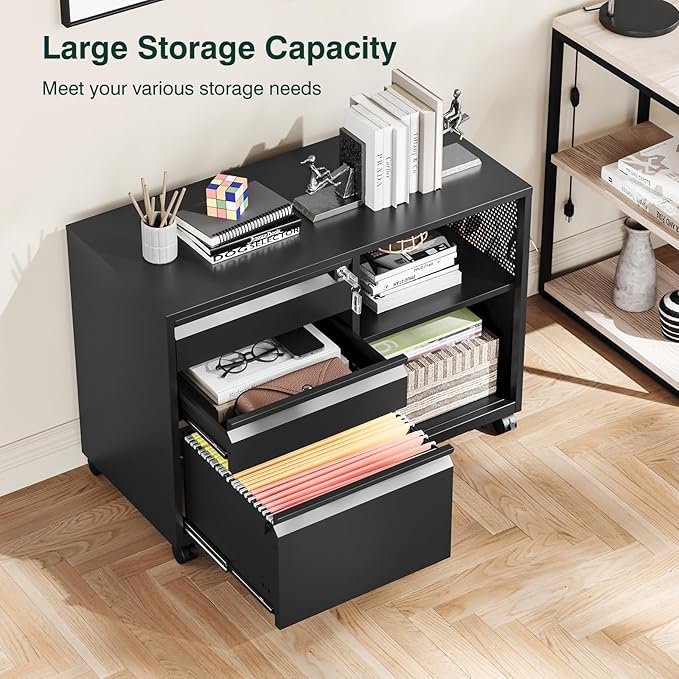 3 Drawer File Cabinet with LockMobile Lateral Filing Cabinet with Side Hook for Letters/Legal/A4 Metal Printer Stand Storage Cabinets with Shelves for Home Office(Black)