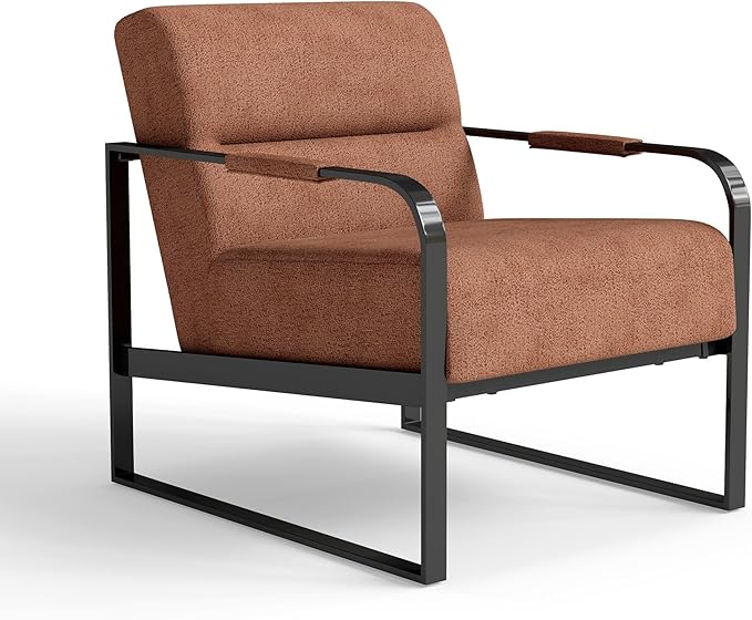 Mid-Century Modern Accent Chair Upholstered Lounge Armchair with Pocket Coil Cushion Metal Frame Reading Chair Brown