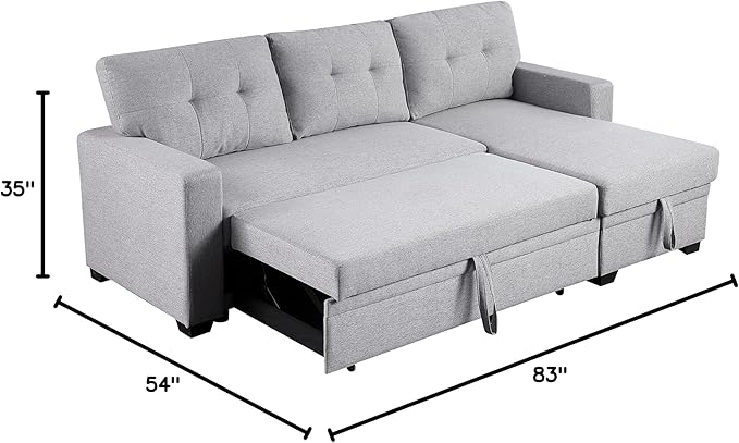 ERYE 82-inch Pull Out Sleeper Couch Bed L-Shaped Reversible Sleeper Sectional Sofa Linen Blend Tufted Upholstered Corner Convertible Sofa Bed with Storage Chaise
