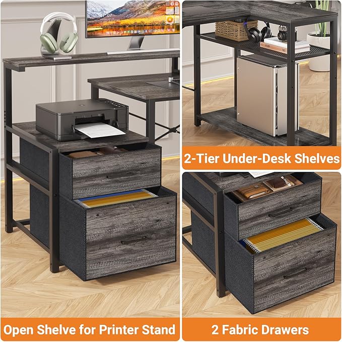 Aheaplus L Shaped Desk with File Drawer Reversible L Shaped Computer Desk Gaming Desk with Power Outlet &amp LED Strip Home Office Desk with Monitor Shelf Corner Desk with Storage Shelves Grey Oa