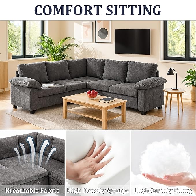 85 Inch Modular Sectional L Shaped Couch Sofa with Pull Out Bed5 Seat Sectional Sleeper Sofa with StorageCouches for Living Room (Gray 5 Seat Sleeper Sofa)