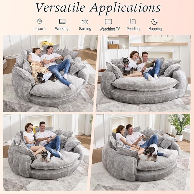 Oversized Sleeper Sofa Bed 81'' Round Chaise Lounge Chair Indoor Modern Chenille Boneless Couch Loveseat Plush Couch Cloud Couches Comfy Bean Bag Chair for Living Room Apartment (Light Grey)