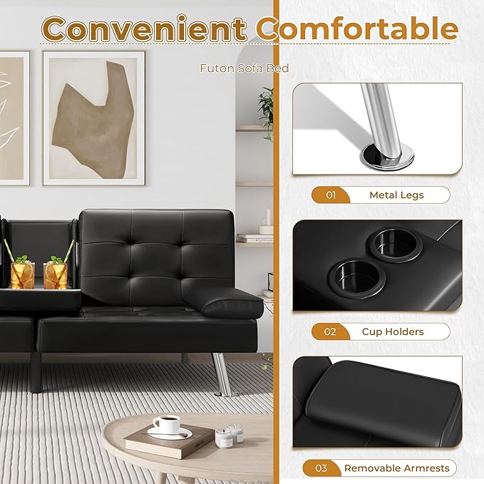 Furniwell Futon Sofa Bed Modern Faux Leather Sofa Couch for Living Room Convertible Folding Adjustable Recliner with 2 Cup Holders and Armrests (Black)