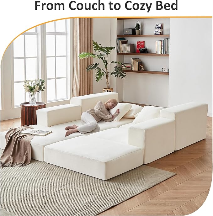 Modular Sectional Loveaeat Cloud Sofa Boneless Couch with Non Slip Base Modern Sleeper Sofa for Customizable Living Spaces Cozy Modular Couch with L-Shape Chaise Deep Seat &amp No Assembly Beige