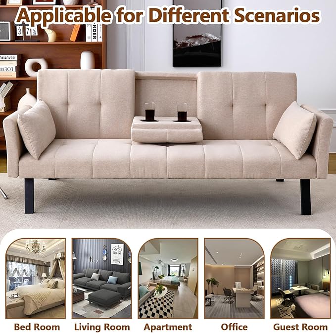 72 Cotton Linen Futon Couch Living Room Couch Bed Convertible Sleeper Sofa Bed with Cup Holder for Bedroom Guest Bed 2 Seater Reclining Sofas Couches with Nailhead Trim for Small Space (Beige)