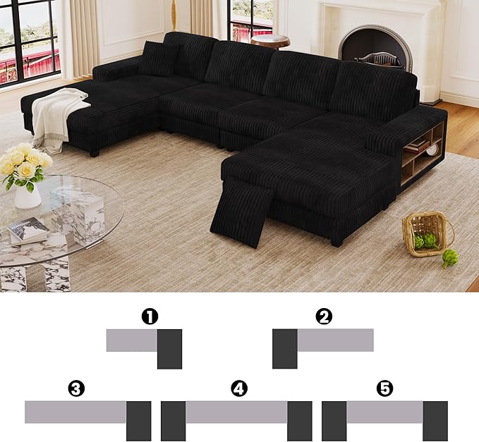 137” Oversized Corduroy Sectional Sleeper Sofa with Double Storage Chaise U Shaped 4 Seat Sectional CouchBlack