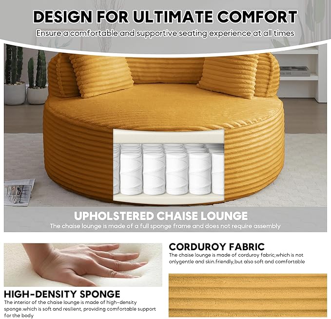 Oversized Round Chair Lounge Chaise Indoor 53.5 Corduroy Boneless Round Chair Fluffy Single Deep Seat Cloud Sofa Chairs Modern Circle Chaise Lounge for Bedroom Living Room Yellow