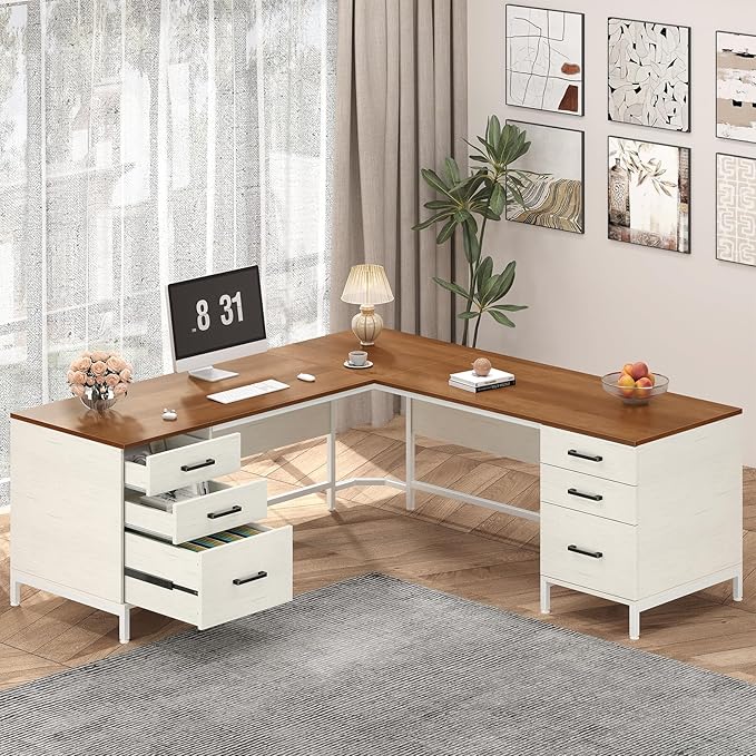TVU 59’‘ L Shaped Desk with 6 Wood Drawers Large Home Office Corner Computer Desk with Storage File Cabinet Modern Metal Wood Desk for Executive Writing Study Workstation