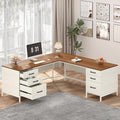 TVU 59’‘ L Shaped Desk with 6 Wood Drawers Large Home Office Corner Computer Desk with Storage File Cabinet Modern Metal Wood Desk for Executive Writing Study Workstation