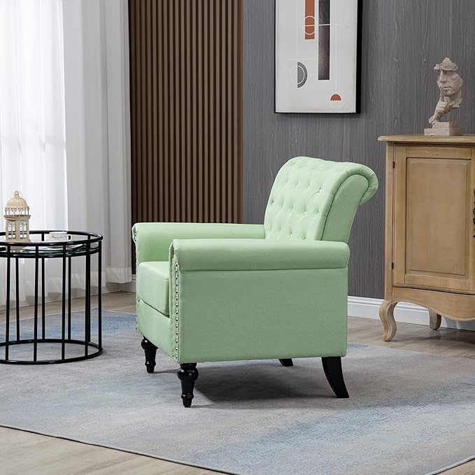 Mid Century Modern Accent Chair Linen Armchair wTufted BackWood Legs Upholstered Lounge Arm Chair Single Sofa for Living Room Bedroom Grass Green