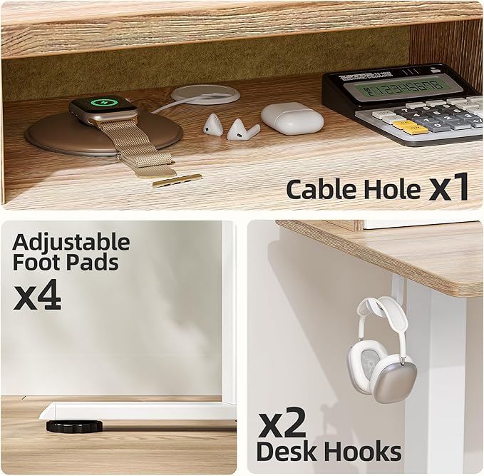 TIQLAB 55 * 28 Inch Standing Desk with Four Drawers Electric Sit Stand Table Stand Up Desk Adjustable Height with Storage Shelf Splice Board Maple