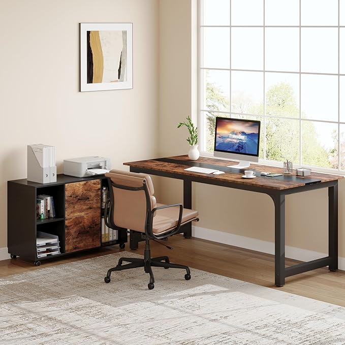 Tribesigns 70.8 L-Shaped Executive Office Desk with Drawer Cabinet Large L-Shaped Computer Desk with 39.4 File Cabinet Printer Stand Home Office Workstation Business Furniture Set Brown/Black