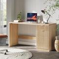 60 Modern Fluted Executive Desk with Storage Cabinet Wood Home Office Desk with Drawers Modern Computer Writing Table for Office Study Room Living Room Bedroom Natural Oak