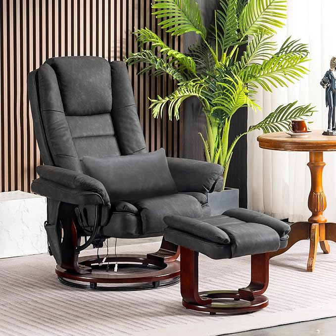 MCombo Swivel Recliner with Ottoman Chair TV Chair Sets with Vibration Massage for Small Space Living Room Bedroom 9096 9099 (Faux Leather Dark Grey)