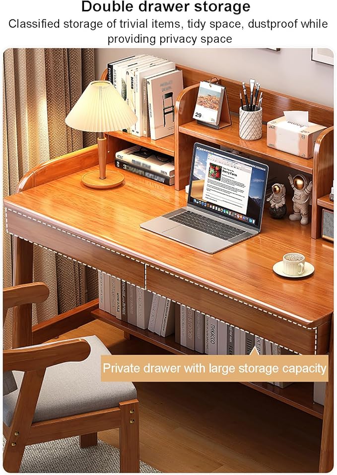 Solitar Soild Wood Computer Desk with HutchHome Office Desk Study Writing Desk with Shelves for Small SpaceSpace Saving PC Work Desk for Bedroom &amp Apartment(80x60x105cm(31x24x41in) Yellow)