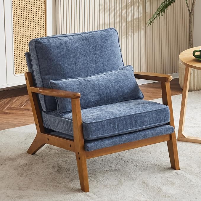 Karl home Accent Chair Wide Armrest Mid-Century Lounge Chair Chenille Armchair with Lumbar Pillow &amp Solid Wood Frame for Living Room Bedroom Balcony Dusty-Blue