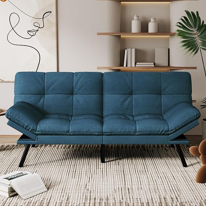 Vipbear 71 Convertible Futon Sofa BedLinen Fabric Futon Couch with Detachable CushionAdjustable Backrest &amp ArmrestModern Loveseat Sleeper Recliner for Living RoomOfficeApartmentRetro Blue