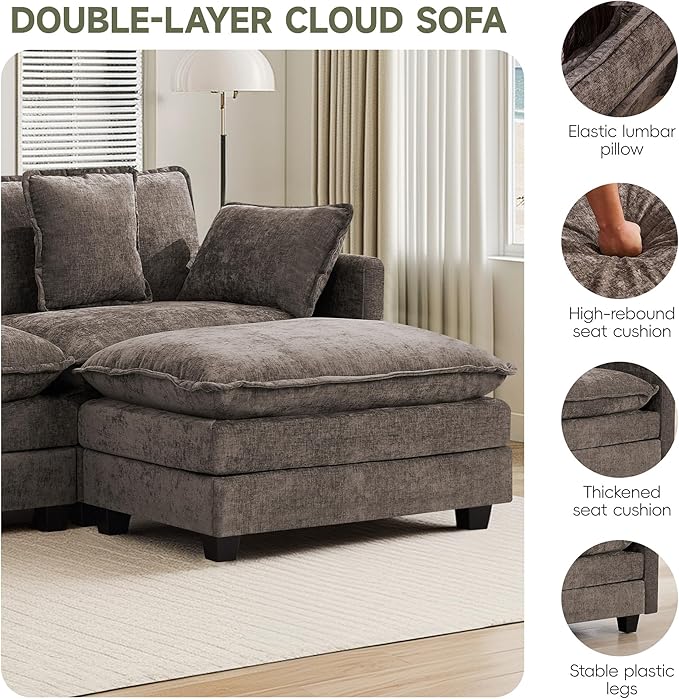 Cloud Couch Loveseat with Ottoman Oversized Comfy Modular Sectional L Shaped Sofa with Deep Seat Cushions Chenille 2-Seater Lounge Set for Living Room Brown