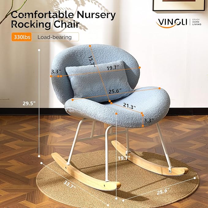 VINGLI 25.6 Extra Wide Nursery 115° Armless Rocking Chair Curved Cute Cross-Legged Glider Chair with Pillow &amp Solid Wood Nursing Chair for Bedroom Living Room Teddy Fleece Light Blue