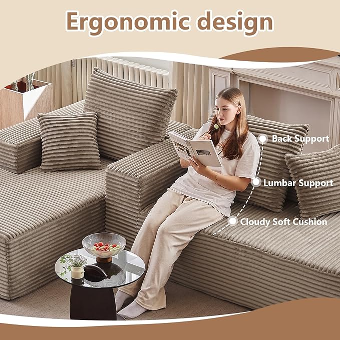 75” Oversized Sectional Double Lounge Chaise Fluffy Modern Sleeper Loveseat Sofa Chair Modern Corduroy Sleeper Loveseat Chair for Living Room Bedroom Reading No Assembly Camel