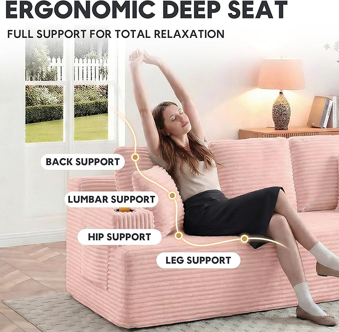 66.5'' Boneless Sofa Couch with Cup Holders &amp Side Pockets Modern Corduroy Fabric Upholstered Loveseat Couch with 2 Throw Pillows for Living Room Office No Assembly (Pink)