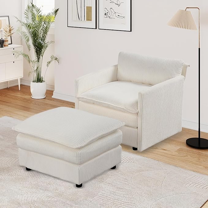 KOMFOTT Oversized Accent Chair with Ottoman Comfy Corduroy Single Sofa Couch w/Soft Cushions &amp Deep Seat Large Upholstered Armchair Reading Chair for Living Room Bedroom Apartment (Beige)
