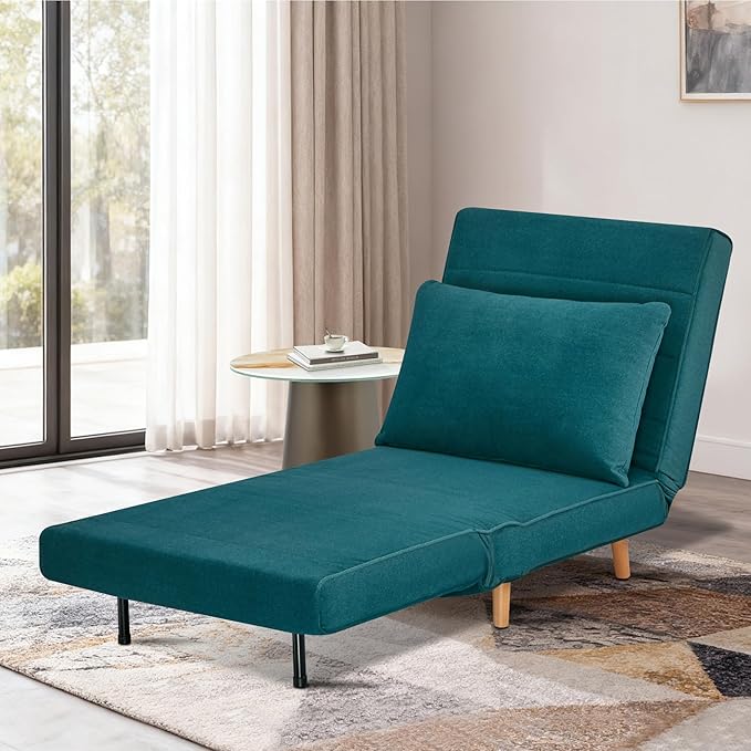 31 Convertible Sleeper Chair 3-in-1 Foldable Chair Bed with Pillow 3-Position Adjustable Backrest Single Sofa Bed for Apartment Office Peacock Blue