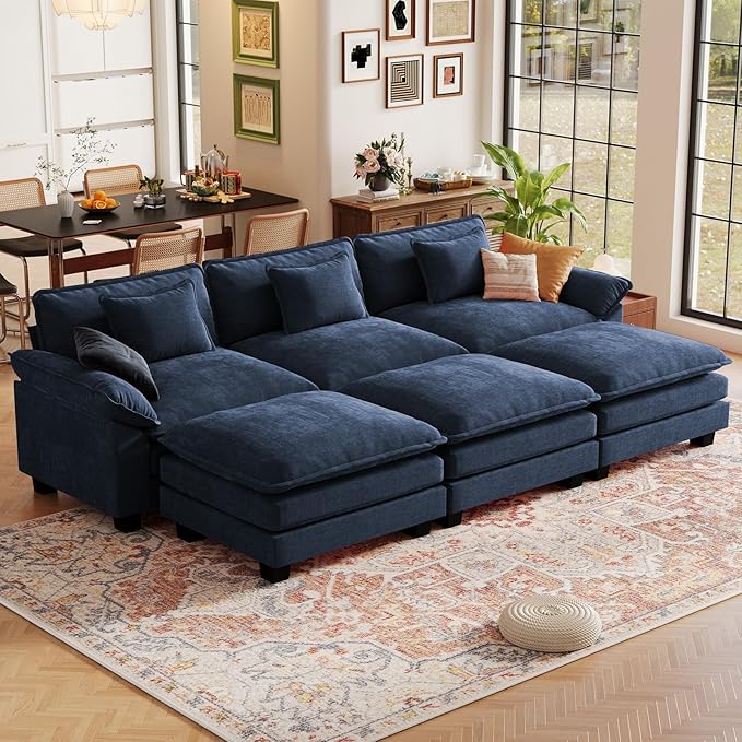 CDCASA 120 Modular Sectional Sofa Comfy Cloud Couch with 3 Movable Ottomans Oversized 6-Seater Chenille Deep Seat Sofa Bed for Living RoomBedroom Blue