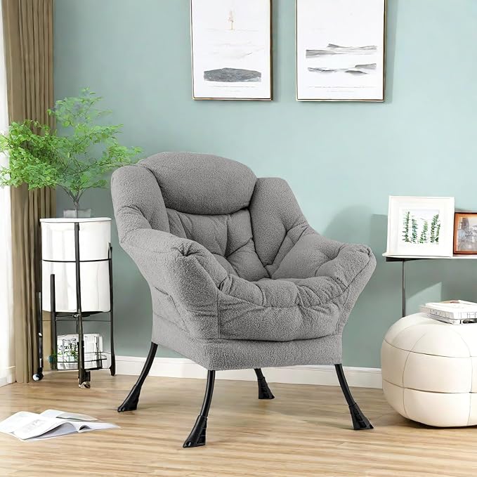 GORELAX Modern Lazy ChairUpholstered Lounge Accent Chair Single Leisure Sofa Chair with Armrests &amp Side Pocket Comfy Reading Chair for Bedroom Living Room Dorm Room (Plush Grey)