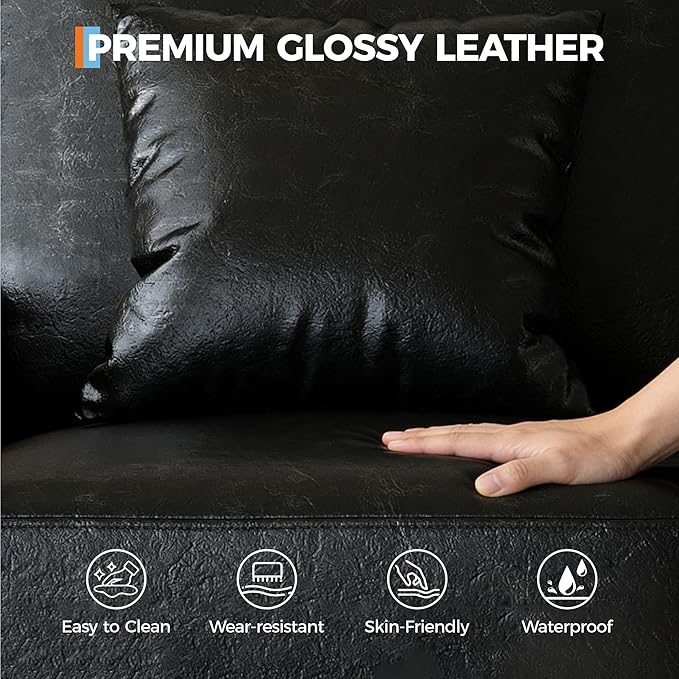 IDEALHOUSE Modern 86 Leather Sofa with 2 Throw Pillows Deep Seat Couch with Upholstered Cushion &amp Removable CoverComfy Faux Leather Sofa Couch for Small Space Apartment Lounge Black