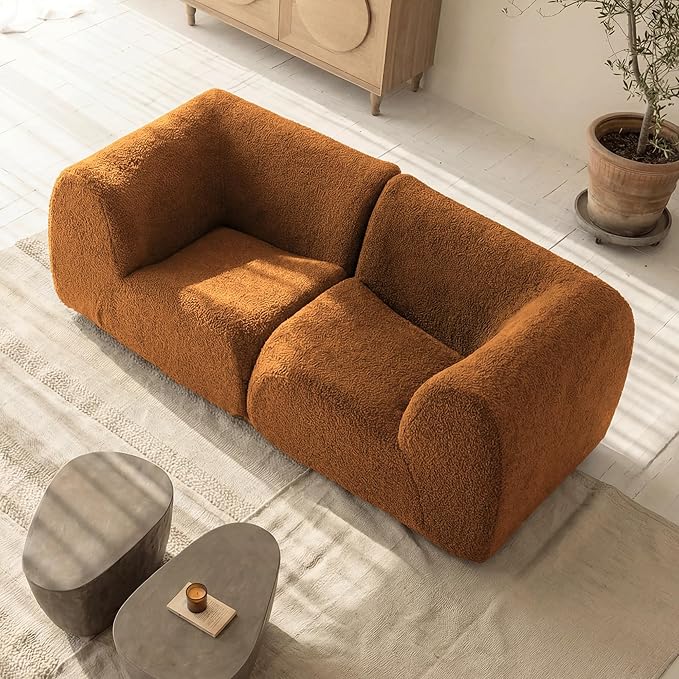 Loveseat Modular Sofa 2-Piece Sectional Curved Couches with High-Density Foam 76 Boneless Sherpa Deep Seat Couch with Armrest Cloud Soft Lounge Modern Sofas for Living Room – No Assembly Brown