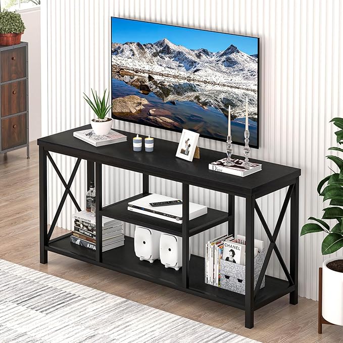 EXCEFUR Modern Entertainment Center for TVs up to 55 Inch Wood TV Stands with Storage Shelves Industrial Media TV Console Table for Bedroom Living Room 47 Inch Black Oak