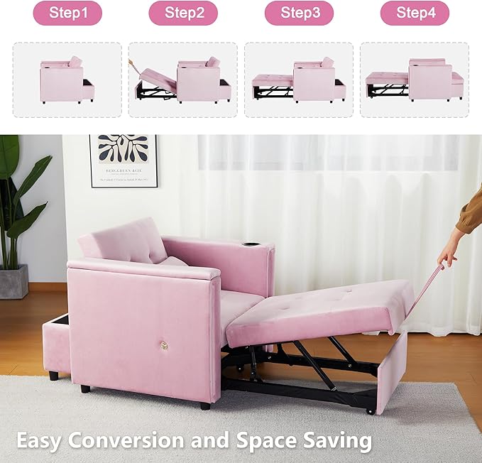 AVZEAR 4-in-1 Convertible Single Sofa Chair Bed with Pillow Multi-Functional Sleeper Chair with Adjustable Backrest Modern Velvet Sleeper Chair Bed for Living Room Apartment Small Space Pink