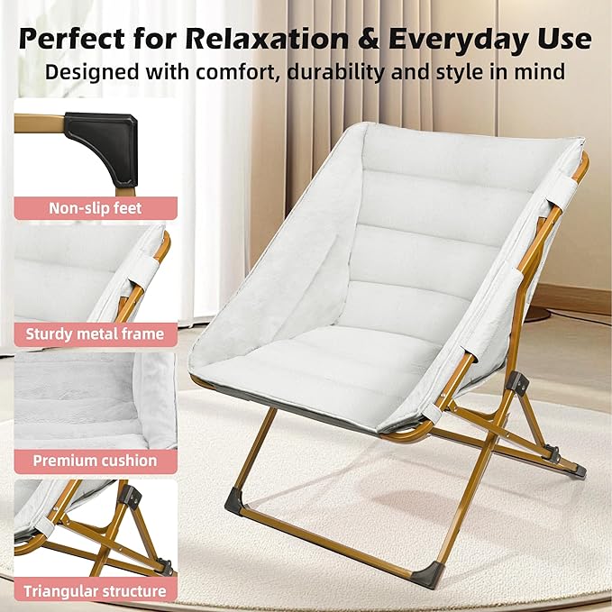 Comfy Saucer Chair for Adults Soft Faux Fur Bedroom Chair Cozy Folding Lounge Chair Reading Chair for Living Room Dorm &amp Bedroom White