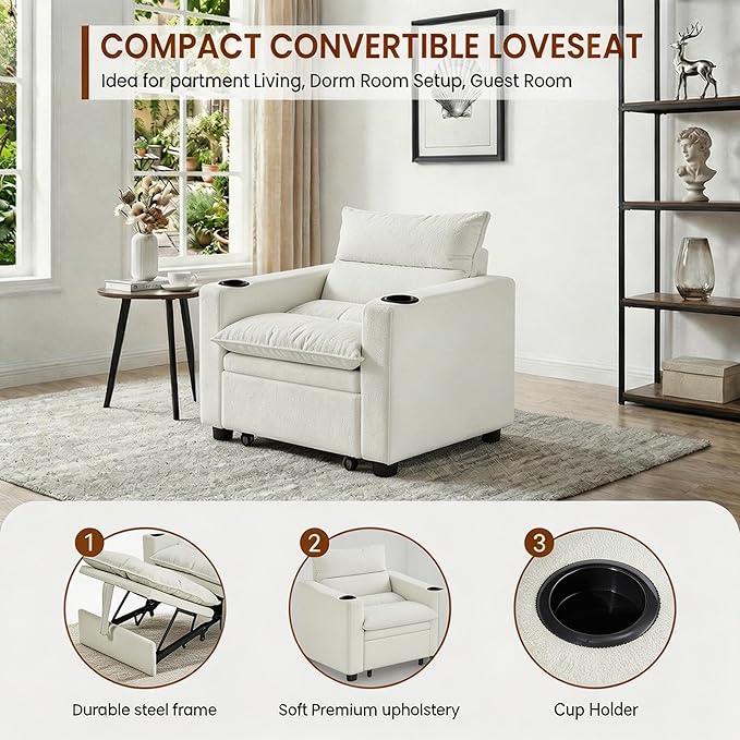 Casaphoria Convertible Sleeper Chair 66.54 Futon Sofa Bed Single Sleeper Sofa Small Couch Bed with Adjustable Backrest for College Dorm Bedroom Studio Apartment