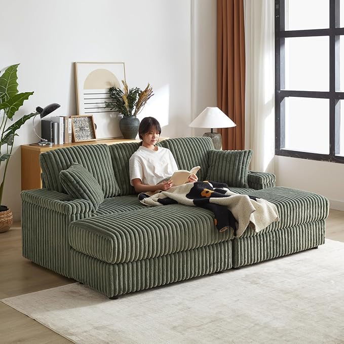 84 Cloud Sectional Couch Plush Corduroy Sofa with 2 Ottoman 2storage Spaces and Cup-Holding 3-Seat Memory Foam Cloud Couch sectional couches for Living Room Apartment (Army Green)