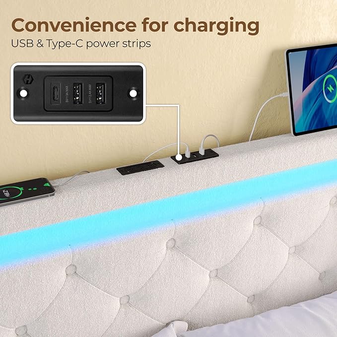 Rolanstar Full Bed Frame with LED Lights and Charging Station Upholstered Bed with Drawers Wooden Slats Noise Free Easy Assembly Beige