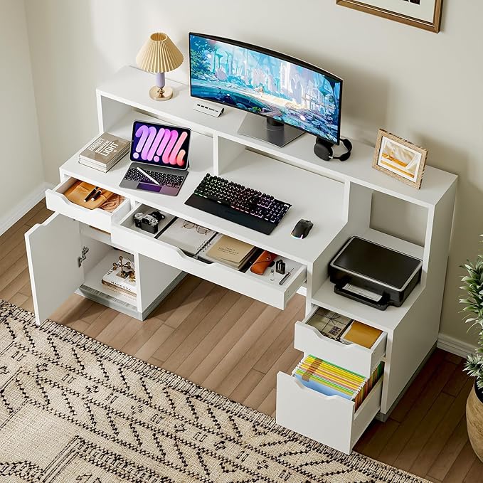 Computer Desk with 4 Drawer &amp Storage Shelves 58 White Office Desk with File Drawer &amp Cabinet Small Study Desk with Monitor Stand &amp Printer Shelf for Bedroom Small Spaces White