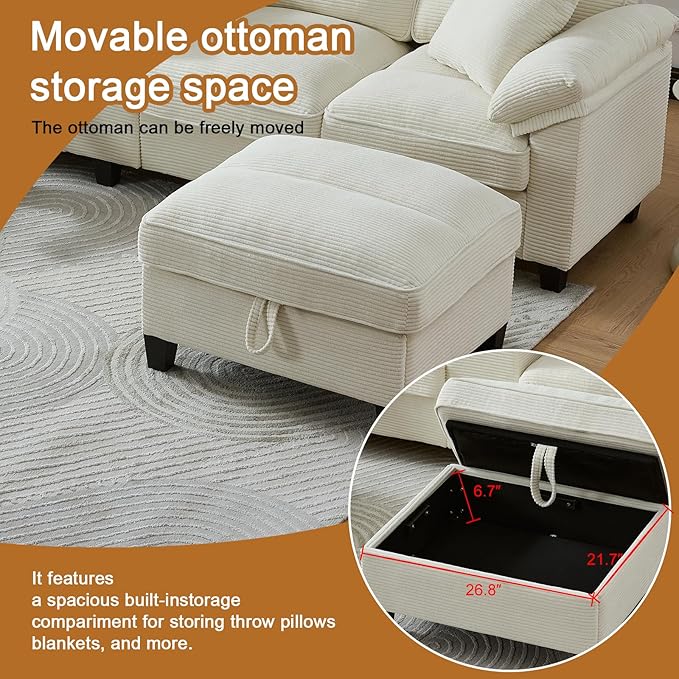 117 Inch Sofa CouchSectional Couches for Living Room with 2 Cup HoldersCorduroy Modular Sectional Sofa with Movable and Storable Ottoman.（Beige）
