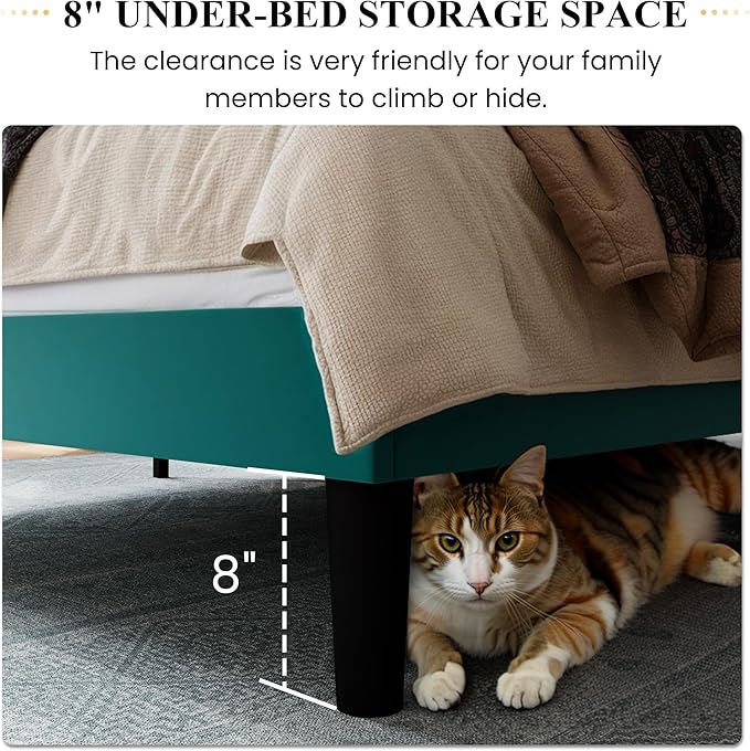 SHA CERLIN Full Size Velvet Bed Frame with Vertical Channel Tufted Wingback Headboard Upholstered Platform Bed with Wood Slats No Box Spring Needed Easy Assembly Teal
