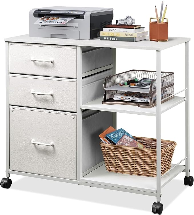 DEVAISE 3 Drawer Mobile File Cabinet Rolling Printer Stand with Open Storage Shelf Fabric Lateral Filing Cabinet fits A4 or Letter Size for Home Office White